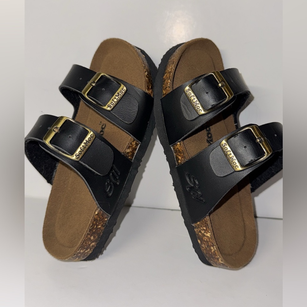 Sz 11 CHILDREN SOFTMOC ARIZONA SANDALS 2-STRAPS SLIP ON DARK BROWN GOLD HARDWARE